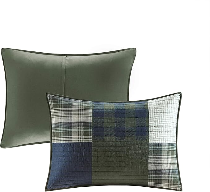 Woolrich Mill Creek Reversible Quilt Set - Cottage Styling Reversed to Solid Color, All Season Lightweight Coverlet, Cozy Bedding Layer, Matching Shams, Oversized King/Cal King, Plaid Green 3 Piece