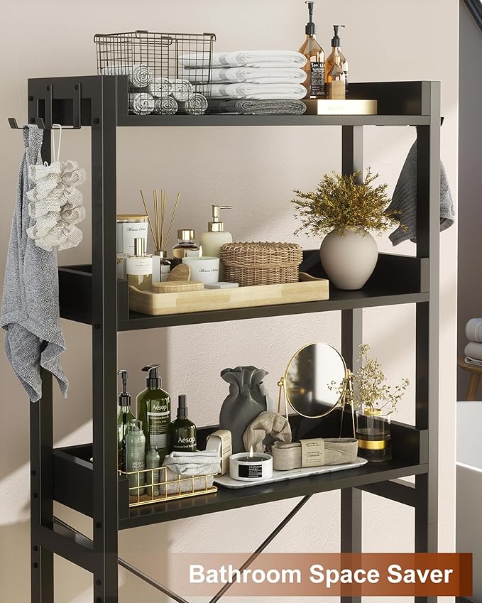 Ecoprsio Over-The-Toilet Storage Rack, 3-Tier Bathroom Organizer Shelf Over Toilet, Freestanding Space Saver Toilet Stands with 4 Hooks, Black