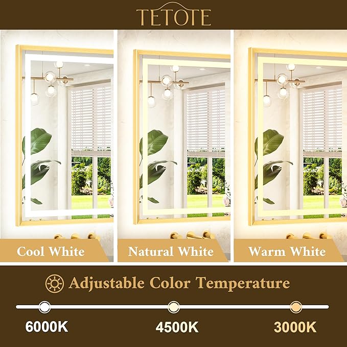 TETOTE 28 x 36 Bathroom LED Mirror Brushed Gold Metal Frame Frontlit & Backlit Vanity Mirror Anti-Fog Stepless Dimmable 3 Colors White/Warm/Natural with Lights Wall-Mounted