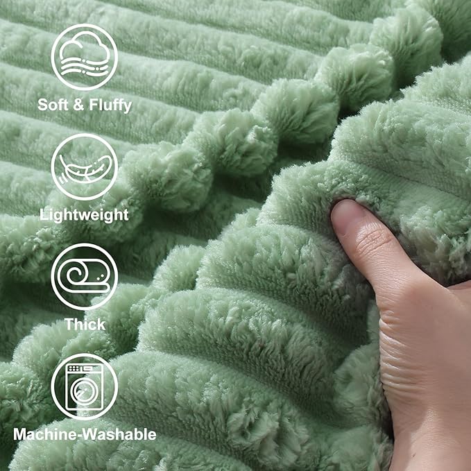 decorUhome Christmas Soft Fleece Sage Green Blanket Queen Size for Bed, Cozy Fluffy Plush Flannel Large Striped Throws for Couch Sofa, Lightweight Decorative Fuzzy Blanket for Woman, 90x90 Inches