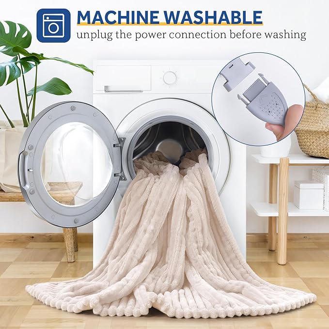 SEALY Electric Blanket Heated Throw, Soft Cozy Ribbed Flannel to Sherpa Reversible Safe Heating with 6 Heat Settings & 2-10 Hours Auto-Off Over-Heat Protection, Machine Washable, 50"x60" Beige