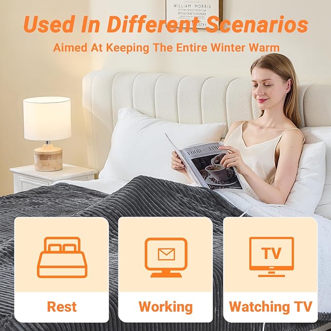 Heated Blanket Electric Throw, Soft Flannel Heating Blanket with 8 Hours Auto Off 10 Fast Heating Levels Machine Washable Sherpa Heated Blanket with Overheating Protection