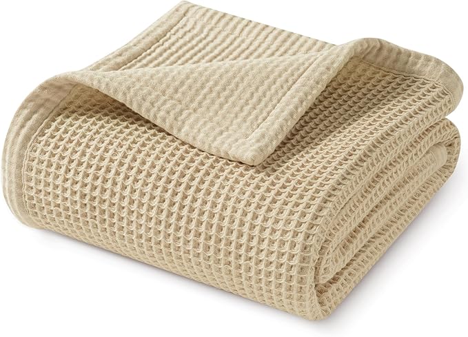 PHF 100% Cotton Waffle & Muslin Throw Blanket Large, Soft Breathable Luxury 400GSM Versatile Reversible Bedding for Couch, Great for Layering in Cold Weather, Home Decor Gift, 50" x 70", French Oak