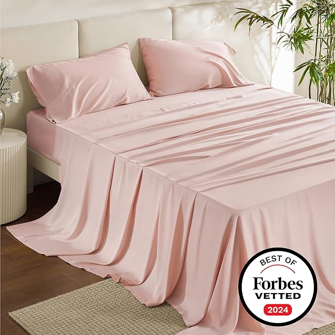 Bedsure Full Size Bed Sheets, Cooling Sheets, Rayon Derived from Bamboo, Breathable & Soft, Deep Pocket Up to 16 Inches, Hotel Luxury Silky Bedding for Hot Sleepers, Pink