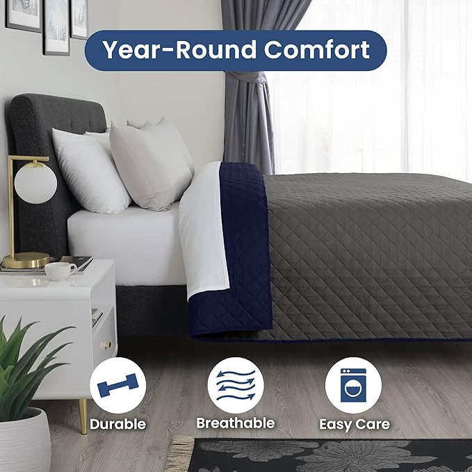 Martex Reversible Coverlet – King Bed Quilt – Lightweight King Size Bedding – Durable King Size Quilts for Bed – Soft - Easy Care Bedding – Graphite/Navy