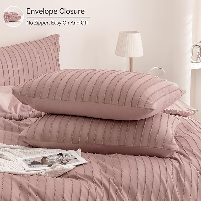 JELLYMONI Duvet Cover King Size Smokey Pink - 3PCS Boho Striped Duvet Cover Set Polyester Tufted Bohemian Textured Comforter Cover 104×90in with Corner Ties & Zipper and 2 Pillowcases