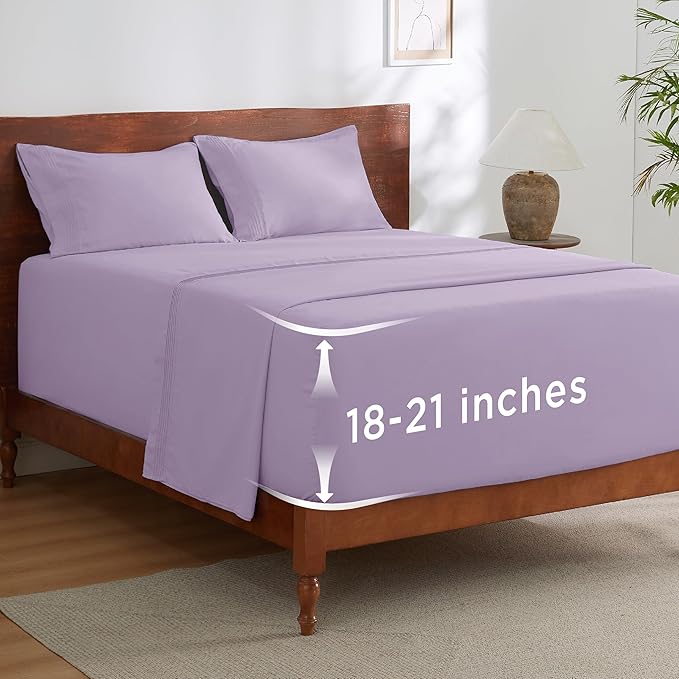 Bedsure Deep Pocket Full Size Bed Sheets Set - Fits Mattresses Up to 21 Inches Thick - 4 Piece GentleSoft Bed Sheets, Moisture Wicking, Cooling Bedsheet & Pillowcases, Easy & Secure Fit, Light Purple