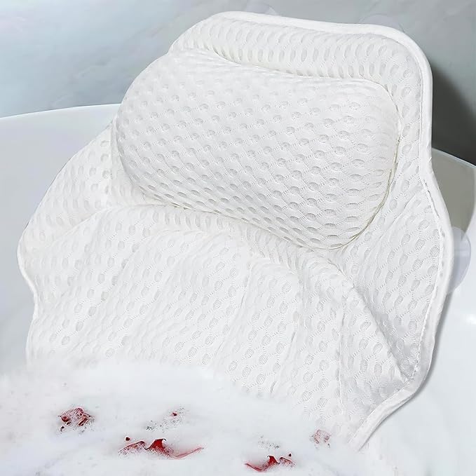 Luxury Bath Pillow for Tub - 4D Air Mesh Bathtub Pillow with 4 Non-Slip Suction Cups for Head, Neck and Back Support, Ergonomic Spa Accessories with Laundry Bag, Fits All Bathtubs