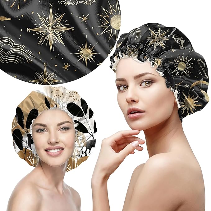 2 PCS Bonnets for Women Girls Satin Hair Bonnet Silk Adjustable Elastic Double Layer Hair Wrap Sleep Cap Comfort Cute-Sun Moon Leaf