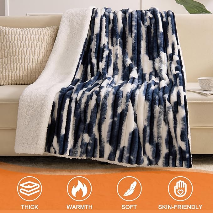 Heated Blanket Throw - 50"x60" Fast Heating Bed Electric Blankets Throw with 6 Heating Levels & 4 Hours Auto Off, Soft Ribbed Faux Fur Sherpa, Over-Heated Protection ETL, Navy Blue