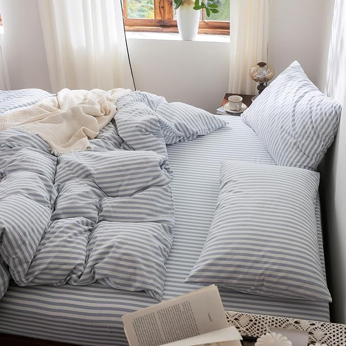 FOSSA Striped Duvet Cover Set 100% Washed Cotton Linen Feel Super Soft Breathable Cozy 3 Pieces Bedding Sets Cornflower Blue White Classic Stripes King