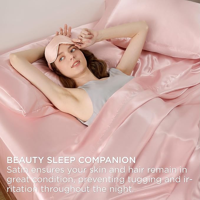 Bedsure Pink Satin Sheets King Size - 4 Piece Silky Bedsheets with 15 Inches Deep Pocket Fitted Bedsheet,1 Flat Sheet, 2 Satin Pillowcases, Good for Hair & Skin (King, Pink)