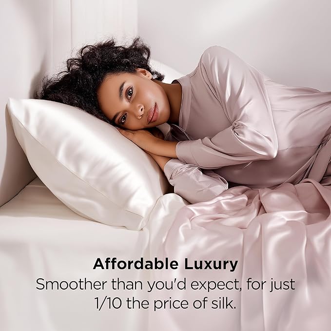 Bedsure Satin Pillowcase 2 Pack Similar to Silk Pillow Cases Standard Size, Pillow Case for Sleeping Women with Envelope Closure, Gifts for Women Men, Ivory, 20x26 Inches, 2pcs