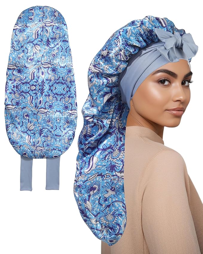 AWAYTR Long Satin Bonnet for Sleeping, Reversible Double Layer Hair Bonnet with Elastic Tie Band (Ethnic Floral Print+Blue)