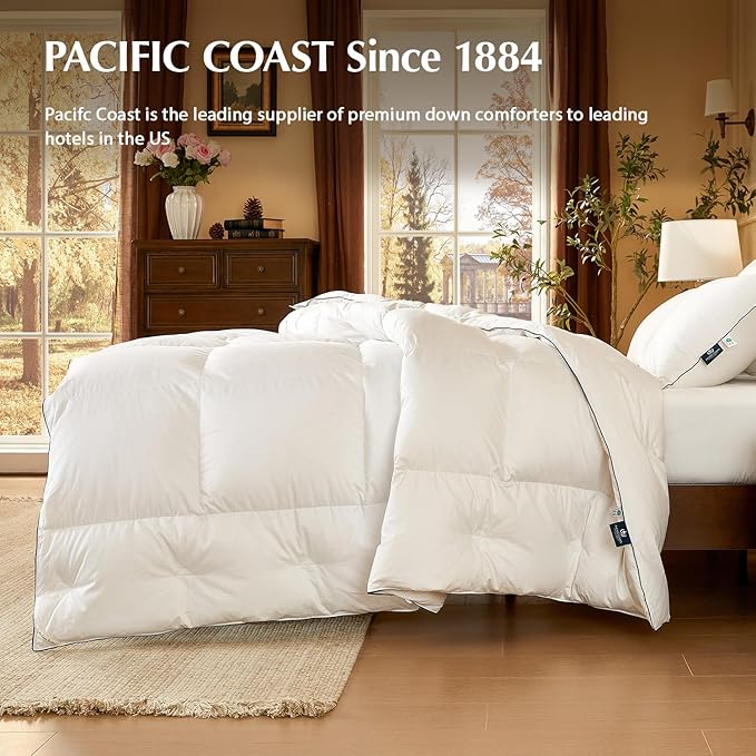 Pacific Coast Down Comforters Queen Size, 100% Cotton Duvet Insert, Extra Fluffy White Comforter, Ultra-Soft, Breathable, All Season Hotel Luxury Bedding Comforters, 8 Corner & Center Loops (90"x90")