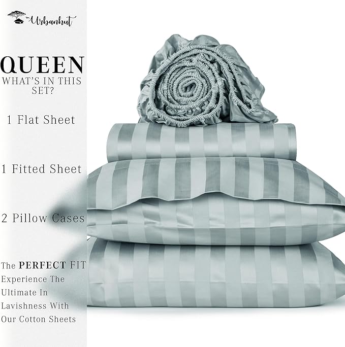 URBANHUT 1000 Thread Count Damask Striped Queen Sheet Set Egyptian Cotton, Long Staple Soft & Breathable, 4 Pcs Bed Sheet Sets, Luxury Hotel Sateen Finish Sheets Fits 16" Deep Pocket - Light Blue