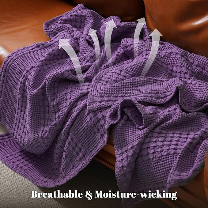 PHF 100% Cotton Waffle Weave Throw Blanket, Soft Lightweight Breathable Cozy Throws for Couch Bed Sofa, Luxury Aesthetic Woven Blanket for Home Decor & Office, 50"x60", Grape
