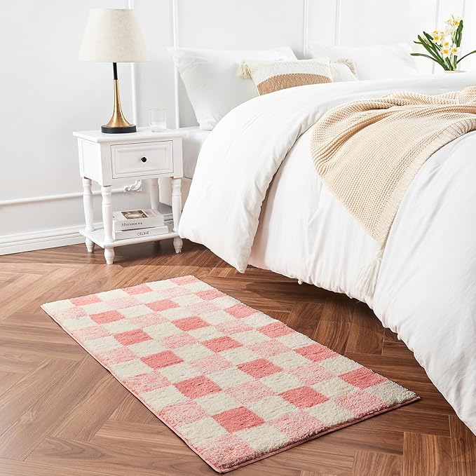 CozeCube Bath mats for Bathroom Non Slip, Fluffy Absorbent Microfiber Bath mat Washable, Aesthetic Bathroom Rugs, Long Blossom Pink Checkered Bath Runner, Blossom Pink, 59" x 24"