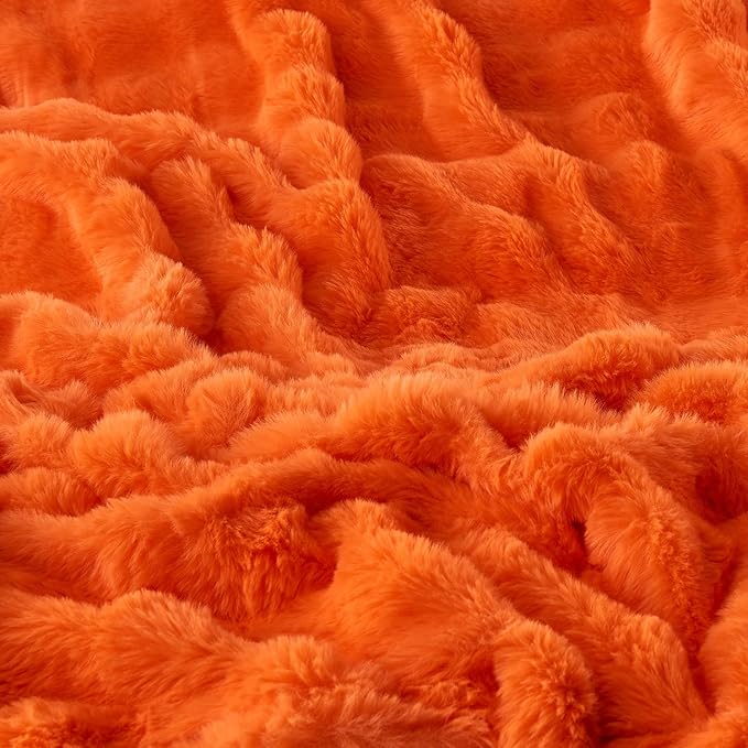 Fluffy Luxury Faux Rabbit Fur Bubble Blanket - Warm & Cozy Fuzzy Plush Thick Decorative Throw Blanket for Bed, Sofa - Queen Size 90''x90'', Orange