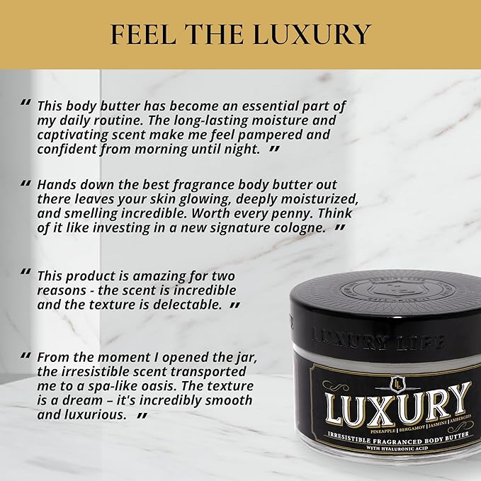 LUXURY LIFE BUTTER - Irresistibly Scented Body Butter with Hyaluronic Acid for Ultimate Moisture. Luxurious Natural Fragrance. Hydrates for a Non-Greasy Glamorous Glow, Tobacco Vanilla, 5 oz.
