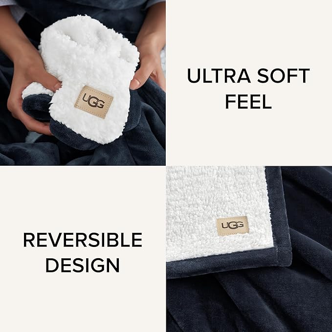 UGG Ariana Full/Queen Blanket Fleece Fluffy Reversible Soft Fuzzy Bedding Cozy Plush Warm Oversized Blanket Machine Washable Bedroom Decor for Big Couch or Bed, 90-inch x 90-inch, Navy Blue