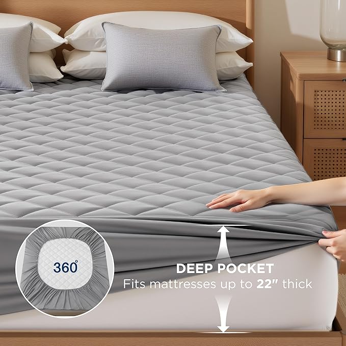 Bedsure Full Size Mattress Protector, Quilted Mattress Topper Full with Deep Pocket up to 22 Inches, Soft Breathable Bed Cover, Waterproof Bed Pad for Home, Bedroom, Hotel - Grey