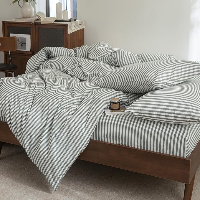 FOSSA Striped Duvet Cover Set 100% Washed Cotton Linen Feel Super Soft Breathable Cozy 3 Pieces Bedding Sets Heathered Green Classic Stripes King