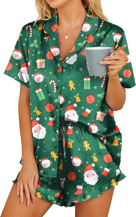 HOTOUCH Womens Satin Pajamas Set Button Down 2 Piece Silk Pjs Shorts Set Ruffle Lingerie Notch Collar Sleepwear