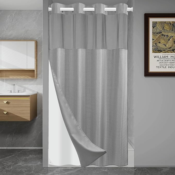 No Hook Shower Curtain with Snap in Liner Set Waffle Shower Curtain for Bathroom Hotel Style Fabric Waterproof Inner Liner，54" W x 80" H, Grey