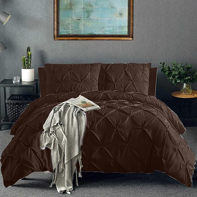 Pinch Pleated Duvet Cover Set 100% Brushed Microfiber 3PC Super King Plus Size 120x120 Duvet Cover Set, Decorative Pinch Design Brown Duvet Cover with Matching Pillow Case
