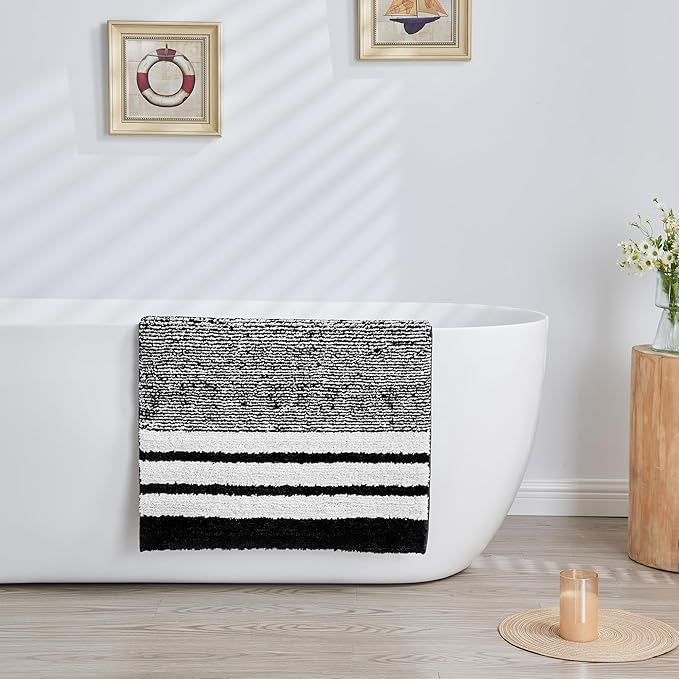 CozeCube Bath mats for Bathroom Non Slip, Fluffy Absorbent Microfiber Bath mat Washable, Aesthetic Bathroom Rugs, Small Jet Black Striped Bath mat, Jet Black, 24" x 16"