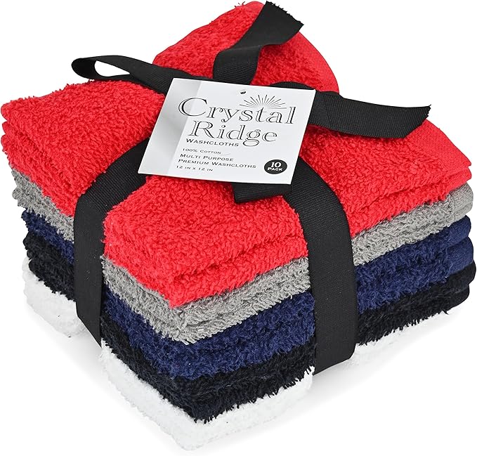 Crystal Ridge Cotton Wash Cloths 10 Pack - Washcloths for Showering, Face and Body, Soft and Highly Absorbent Multipurpose Towels for Bathroom, Kitchen, Spa and Gym - Wash Rags 12 x12 (Contemporary)