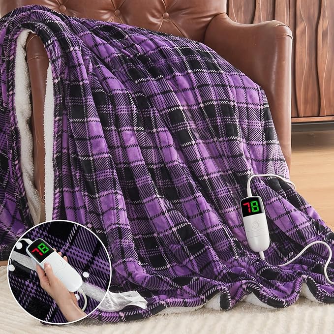OCTROT Heated Blanket Electric, Twin Size 62X84, Heating Blanket with 10 Heating Levels & 8 Hours Auto Off, Purple Checkered Plaid Sherpa Blankets Warmer for Adults, Fast Heating and Washable