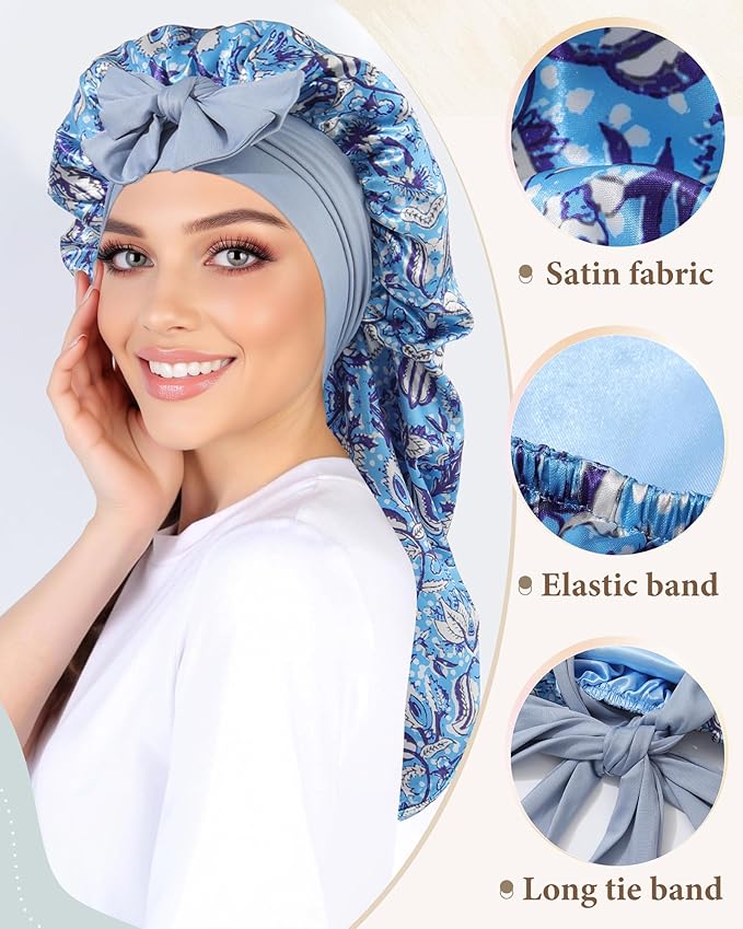 AWAYTR Long Satin Bonnet for Sleeping, Reversible Double Layer Hair Bonnet with Elastic Tie Band (Ethnic Floral Print+Blue)