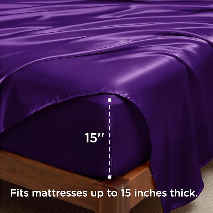 Bedsure Satin Sheets Full Size - 4 Piece Silky Bedsheets with 15 Inches Deep Pocket Fitted Bedsheet,1 Flat Sheet, 2 Satin Pillowcases, Good for Hair & Skin (Full, Purple)