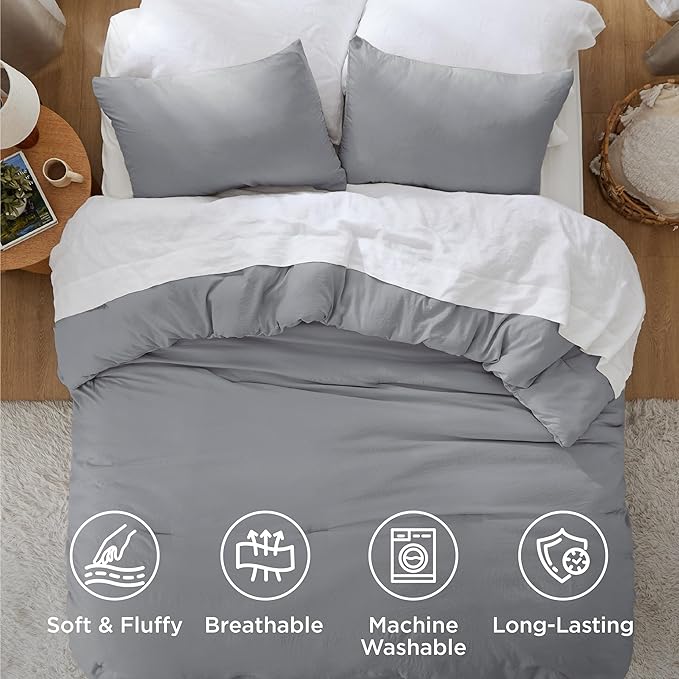 Bedsure King Size Comforter Set, Grey Soft Prewashed Bedding for All Seasons, 3 Pieces GentleSoft™ Warm Down Alternative Bed Set, 1 Lightweight Comforter (104"x90") and 2 Pillowcases (20"x36")