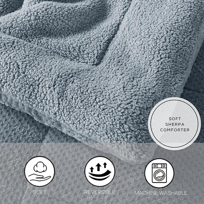 KASENTEX Super Ultra Soft Luxury Plush Sherpa Comforter, Cozy Reversible Faux Fur Machine Washable Bedding, Grey Blue, King Size