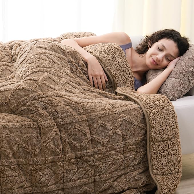 Cottonblue Weighted Blanket 15lbs Queen Size for Adults - Plush Cozy Sherpa Weighted Blanket for a Better Night's Sleep, Luxurious Jacquard Decor Blanket for Bed Sofa Couch, 60x80 Inches,Khaki