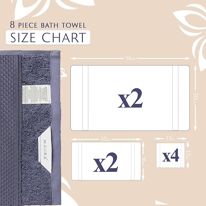 MAURA Indigo Blue Bath Towel Set of 8 for Bathroom. Turkish Cotton Luxury Bath Towels. Extra Large, Thick, Plush & Soft. Hotel & Spa Quality - Denim Blue