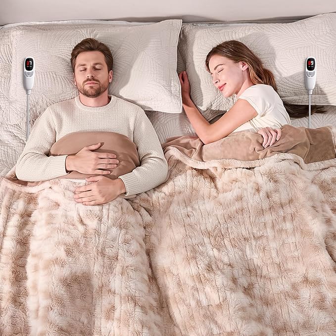 Electric Blanket King Size 90"x100", Dual Zone Heated Blanket with 9 Heat Levels & 1-10H Timer, Faux Fur & Flannel, Soft Cozy Gift for Women/Men, for Couch, Bed & Office, ETL Certified (Dyed Brown)