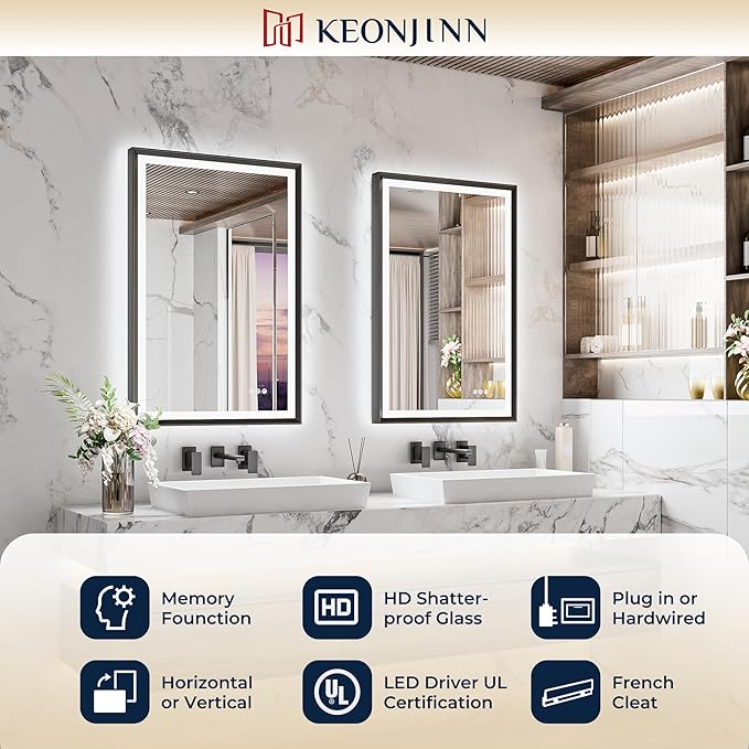 Keonjinn 72 x 36 Inch Bathroom Mirror with Frontlit & Backlit, Black Metal Framed Beveled Edge Mirror, Large LED Mirror with Anti Fog for Wall, Stepless 3-Color Temperatures, UL-Listed Driver