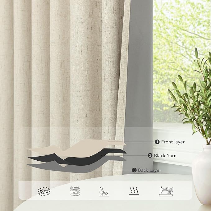 100 Inch Length Custom Summer Curtains for Living Room Windows Viral Back Tab Linen Blackout Curtain Solid Drapes for Patio Sliding Glass Doors Doorway French Country Decor 100 in Long 2 Panel Beige