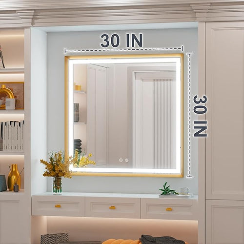 30x30 Inch Gold LED Bathroom Mirror, 3 Color Temperatures (3000K/4500K/6000K), Anti-Fog, Dimmable Lights, Memory Function, Horizontal/Vertical Wall Mounted