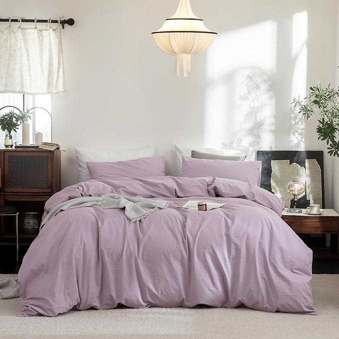FOSSA Duvet Cover Set 100% Washed Cotton Linen Feel Super Soft Breathable Cozy 3 Pieces Bedding Sets Solid Light Purple Queen