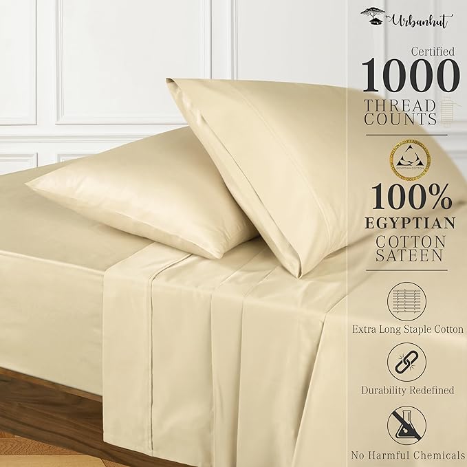 URBANHUT 100% Egyptian Cotton Sheets - 1000 Thread Count Queen Sheet Set (4Pc), Sateen Weave Luxury Hotel Sheets - Fits Upto 16" Mattress - Sand(Beige)