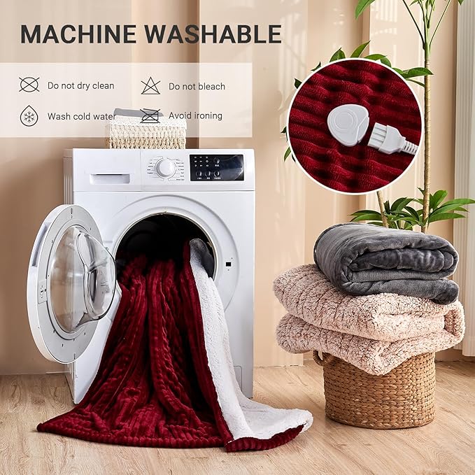 Heated Blanket Electric Throw, Soft Flannel Heating Blanket with 8 Hours Auto Off 10 Fast Heating Levels Machine Washable Sherpa Heated Blanket with Overheating Protection
