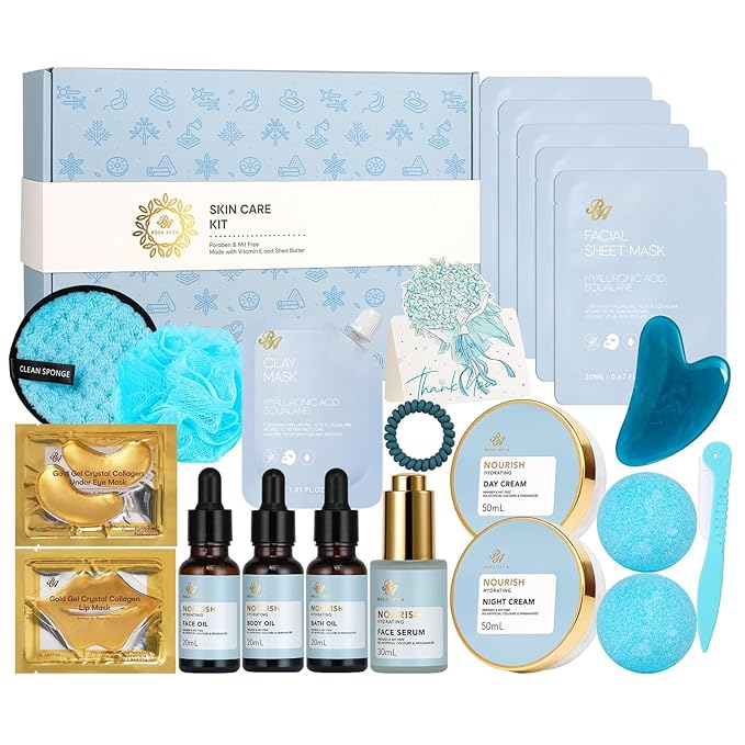 Ylang 23 Pcs Facial Skin Care Kit, Bath and Body Gifts for Women & Men, Spa Kit, Gift Baskets, Birthday Gifts For Women, Cream, Face Oil, Sheet Mask, Gel Eye Mask, Christmas, Valentines, Mother Day