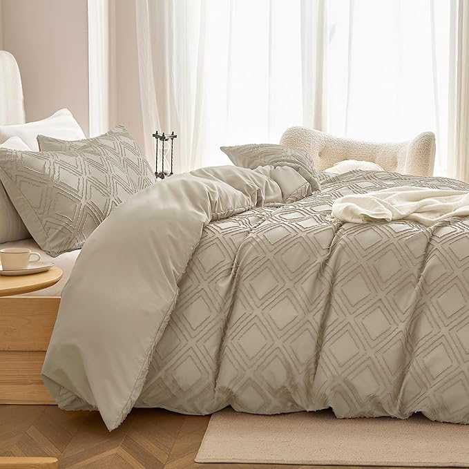 JELLYMONI Duvet Cover Full Size Khaki - 3PCS Boho Duvet Cover Set Plaid Polyester Tufted Bohemian Jacquard Knit Textured Comforter Cover 80×90in Rhombic Geometric Pattern Corner Ties & Zipper
