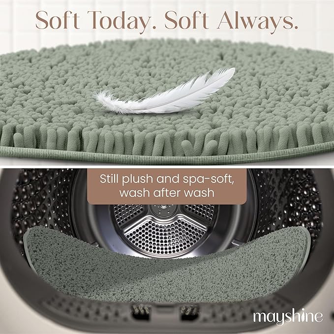 MAYSHINE Round Area Rug Set for Bathroom | Soft Plush Chenille Bath Mat, Water Absorbent Non-Slip Bathroom Rug | Washable Shag Carpet for Shower, Bedroom, or Home Décor | 36"x36" (Round) | Sage Green