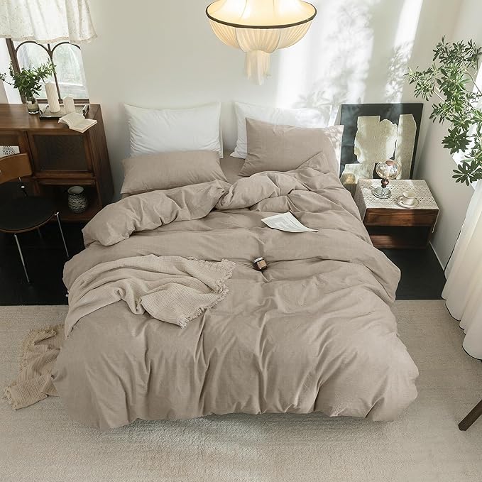 FOSSA Duvet Cover Set 100% Washed Cotton Linen Feel Super Soft Breathable Cozy 3 Pieces Bedding Sets Solid Tannish Linen Grey Queen